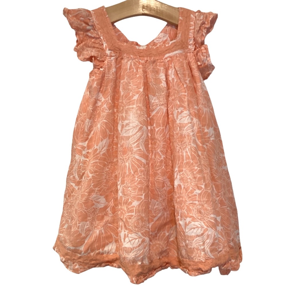 EttaVee Girls Sundress 3T Peach Floral Flutter Sleeve Lace Trim Bow Back Dress